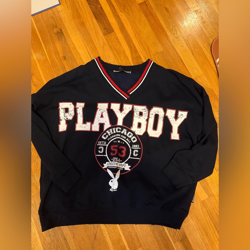Playboy Black and Red V-Neck Crewneck